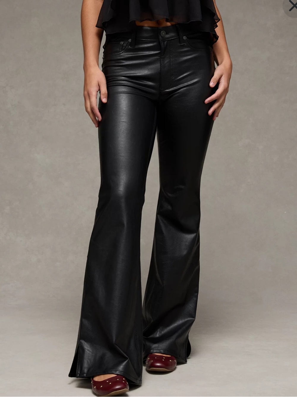 American Eagle outfitters black faux leather super hi-rise flare pants size 0